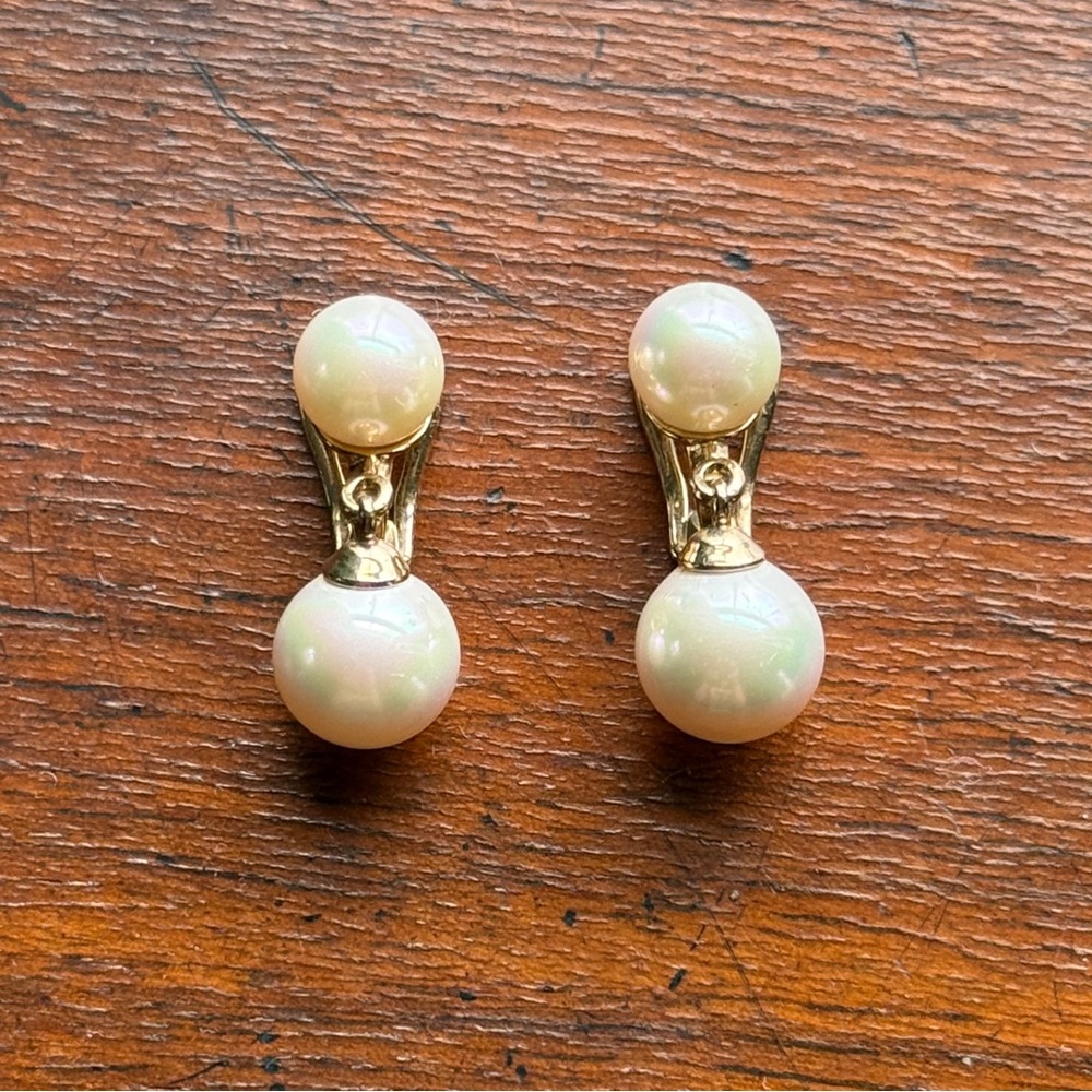 Majorica Pearl & Yellow Gold over Sterling Silver Dangle Drop Clip On Earrings - Picture 3 of 15